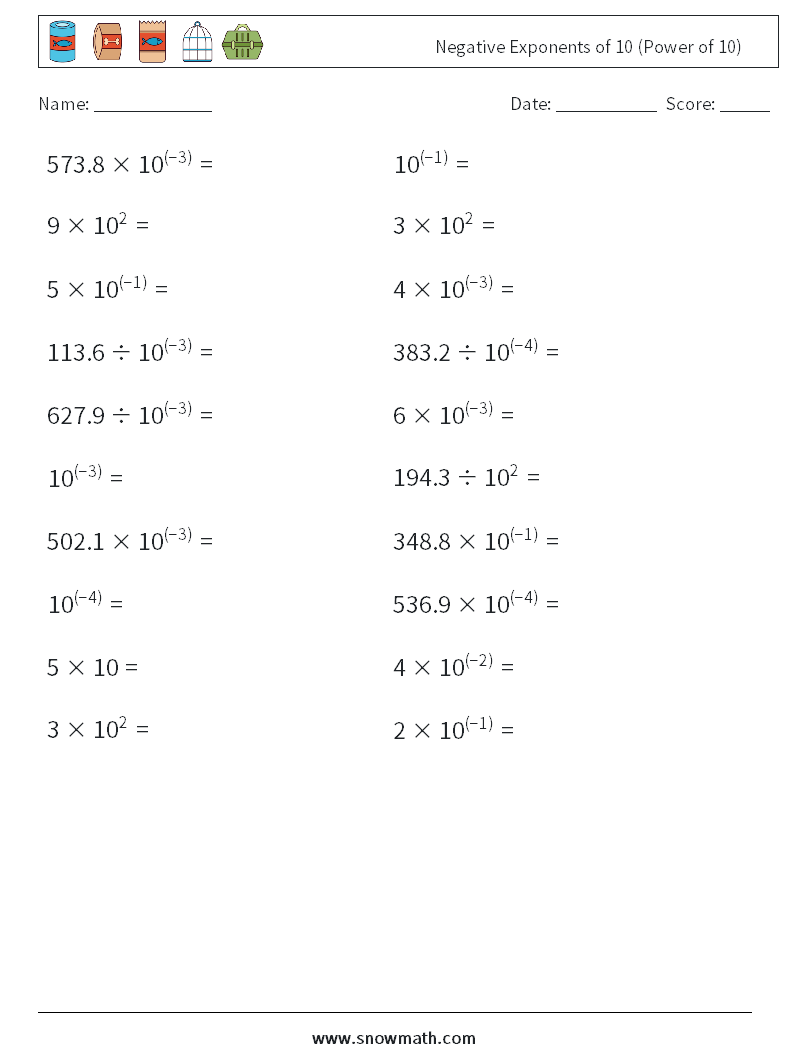 Negative Exponents of 10 (Power of 10) Maths Worksheets 6
