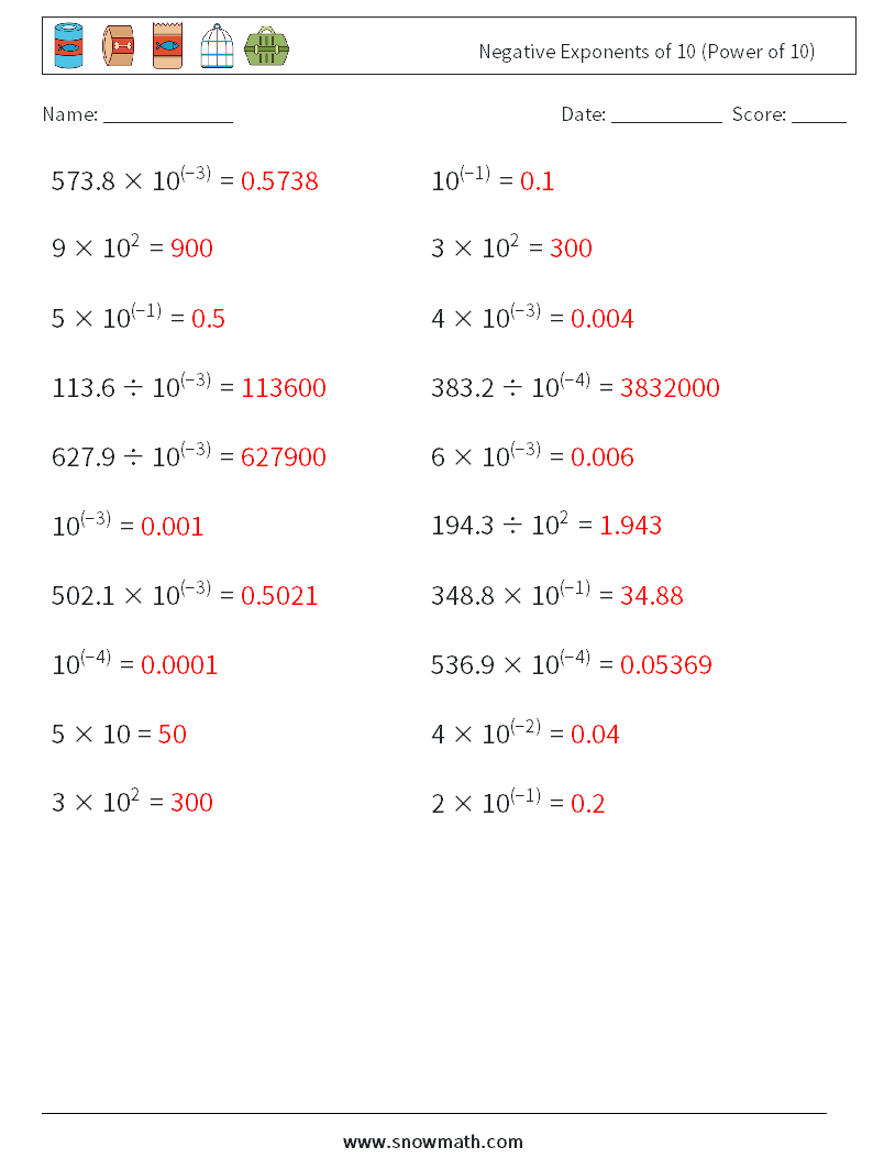 Negative Exponents of 10 (Power of 10) Maths Worksheets 6 Question, Answer