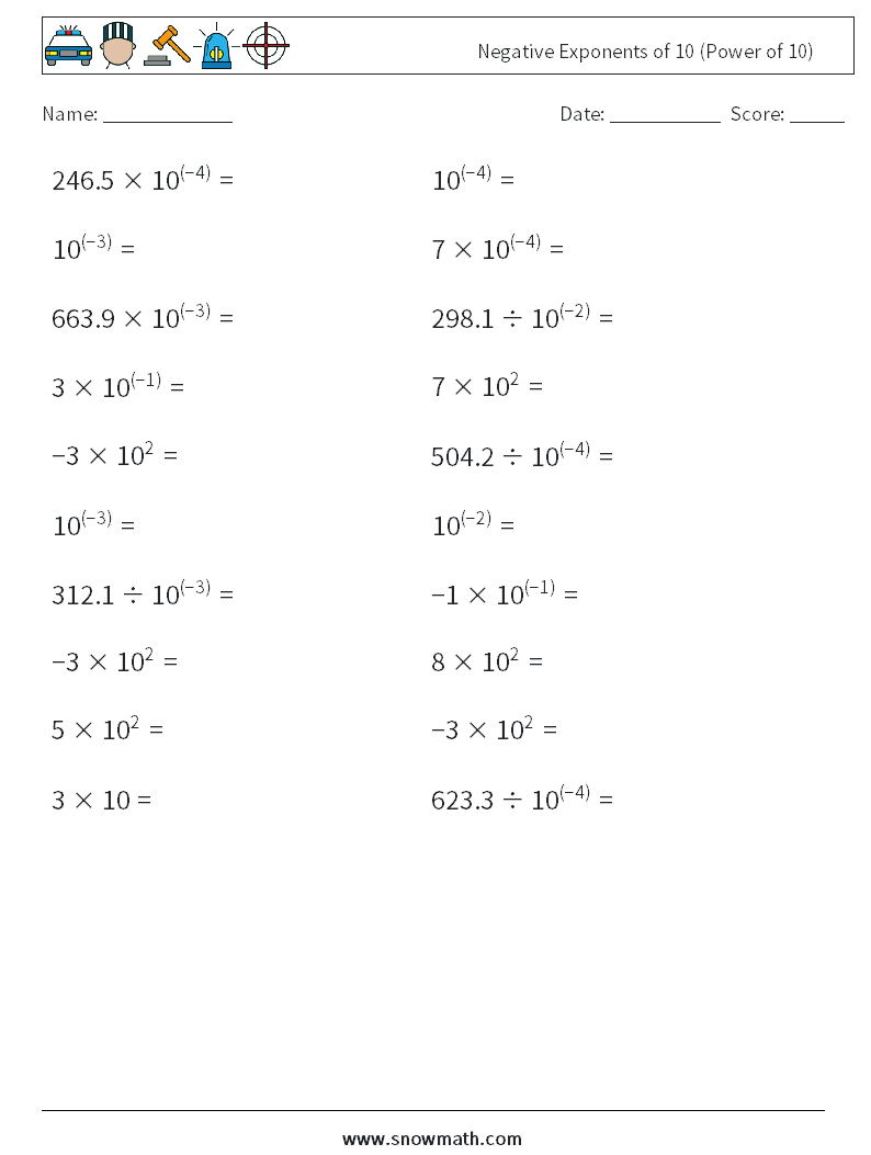 Negative Exponents of 10 (Power of 10) Maths Worksheets 7