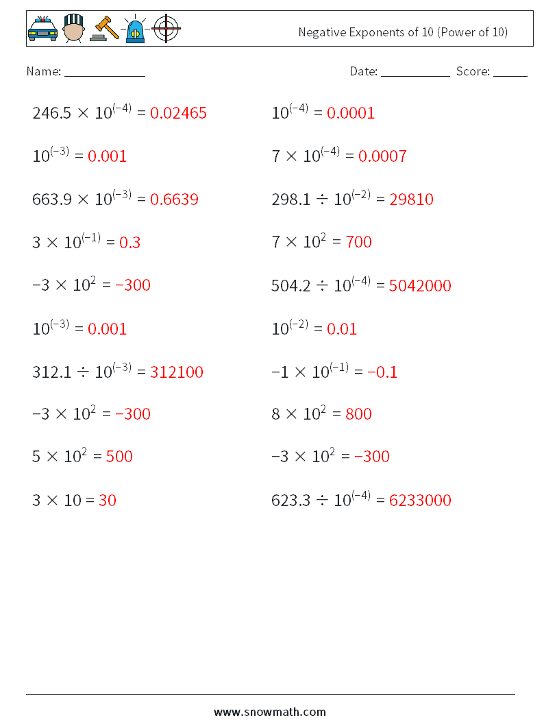 Negative Exponents of 10 (Power of 10) Maths Worksheets 7 Question, Answer