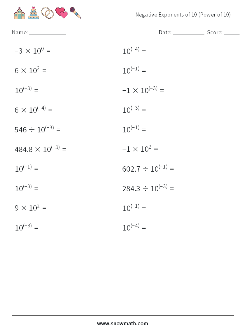 Negative Exponents of 10 (Power of 10) Maths Worksheets 8