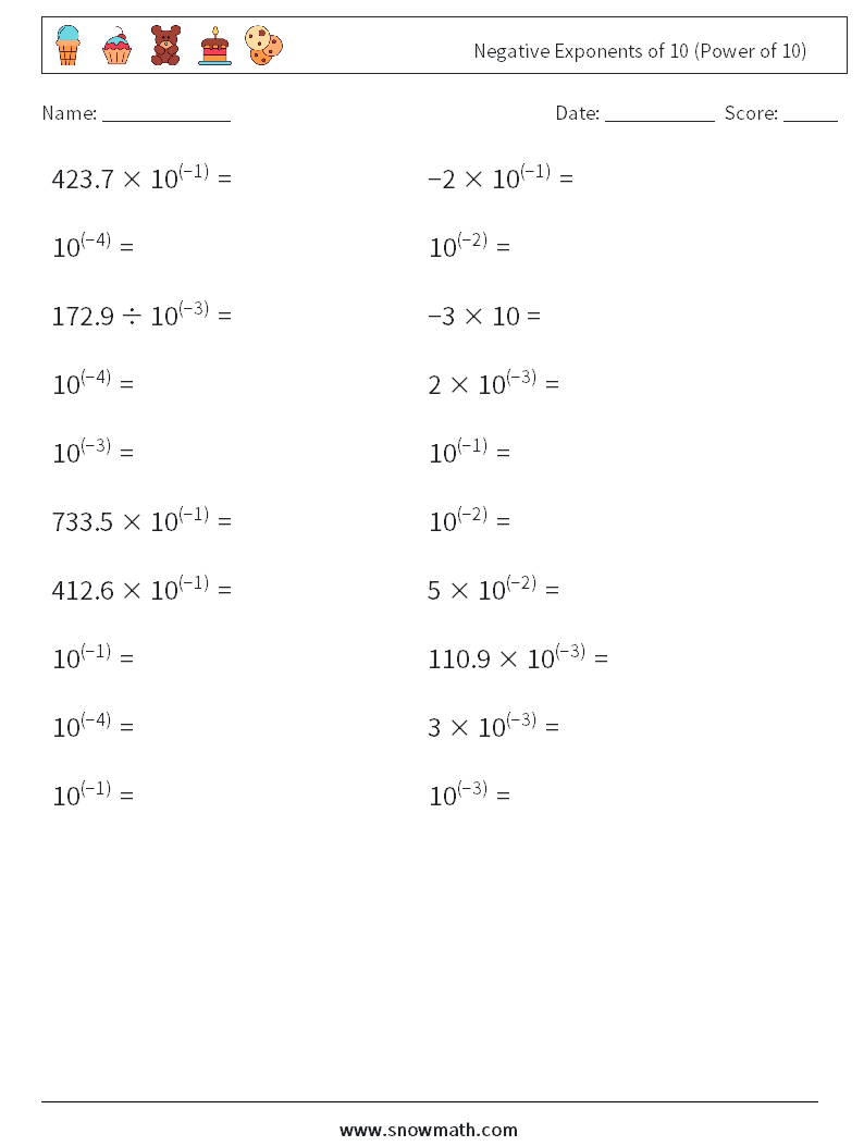 Negative Exponents of 10 (Power of 10) Maths Worksheets 9