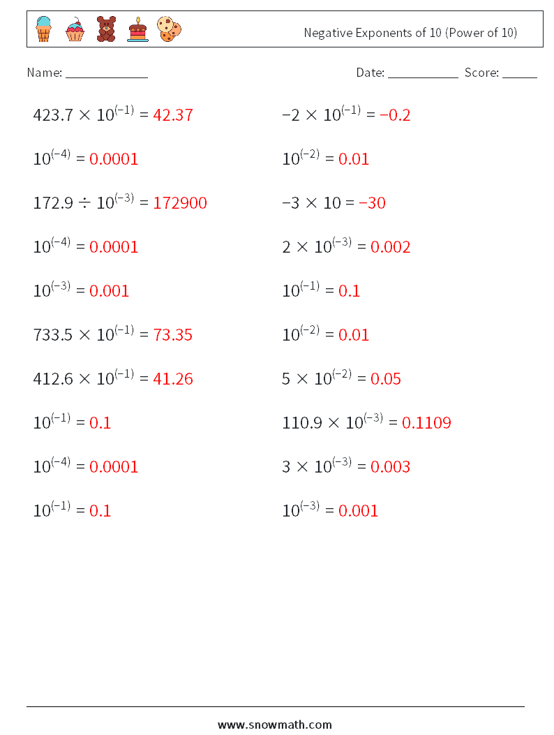 Negative Exponents of 10 (Power of 10) Maths Worksheets 9 Question, Answer