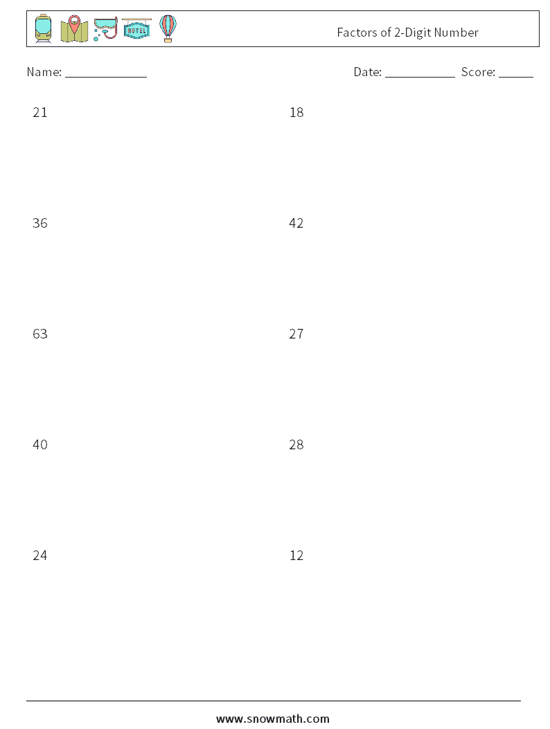 Factors of 2-Digit Number Maths Worksheets 1