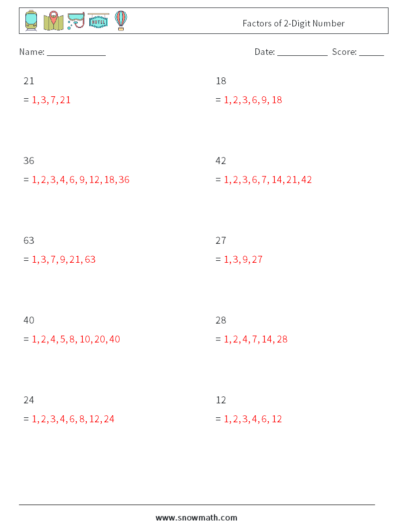 Factors of 2-Digit Number Maths Worksheets 1 Question, Answer