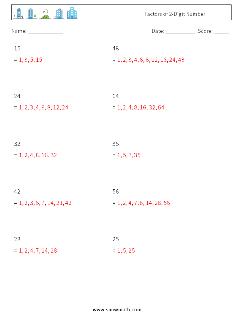 Factors of 2-Digit Number Maths Worksheets 2 Question, Answer