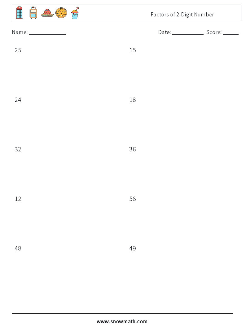 Factors of 2-Digit Number Maths Worksheets 5