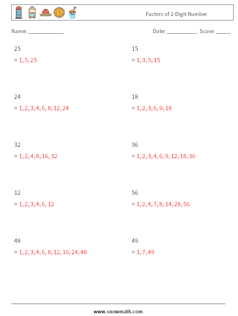 Factors of 2-Digit Number Maths Worksheets 5 Question, Answer