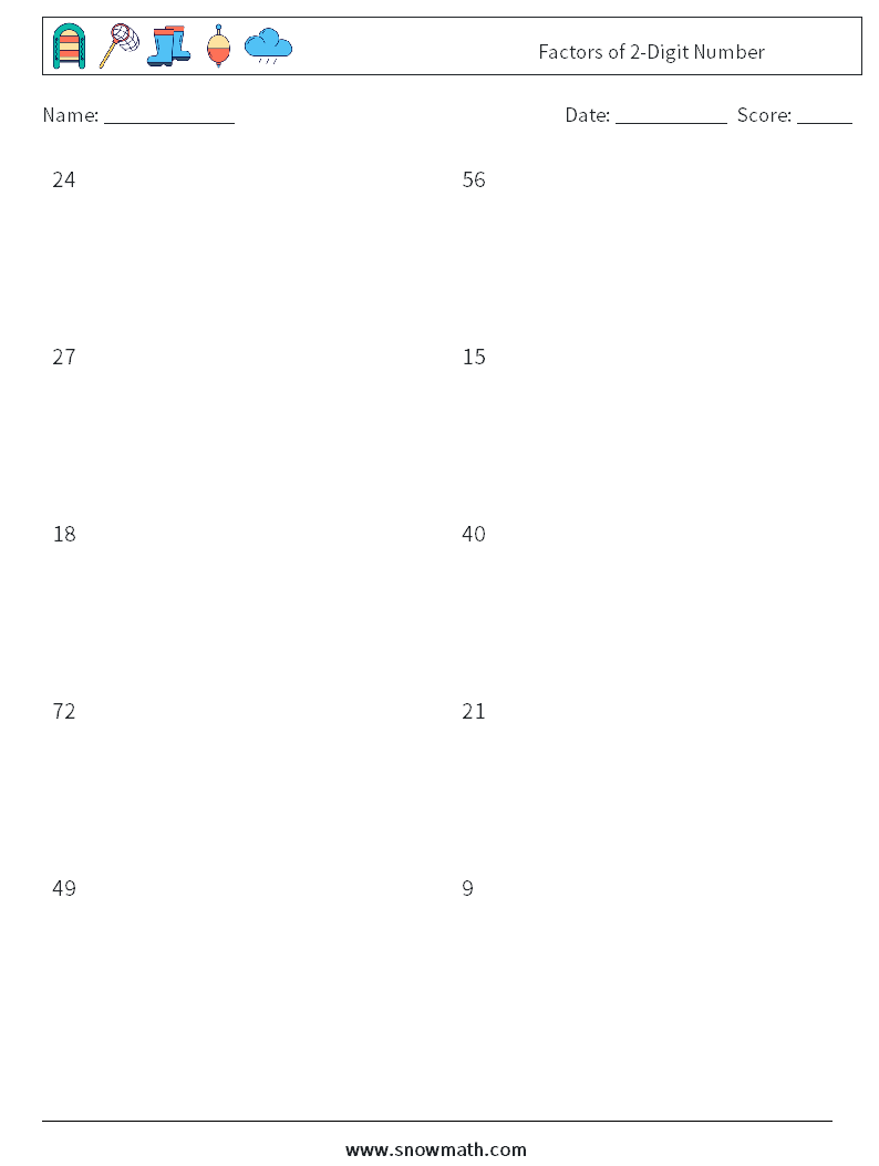 Factors of 2-Digit Number Maths Worksheets 6