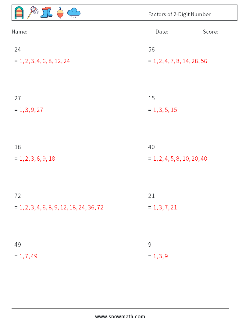 Factors of 2-Digit Number Maths Worksheets 6 Question, Answer