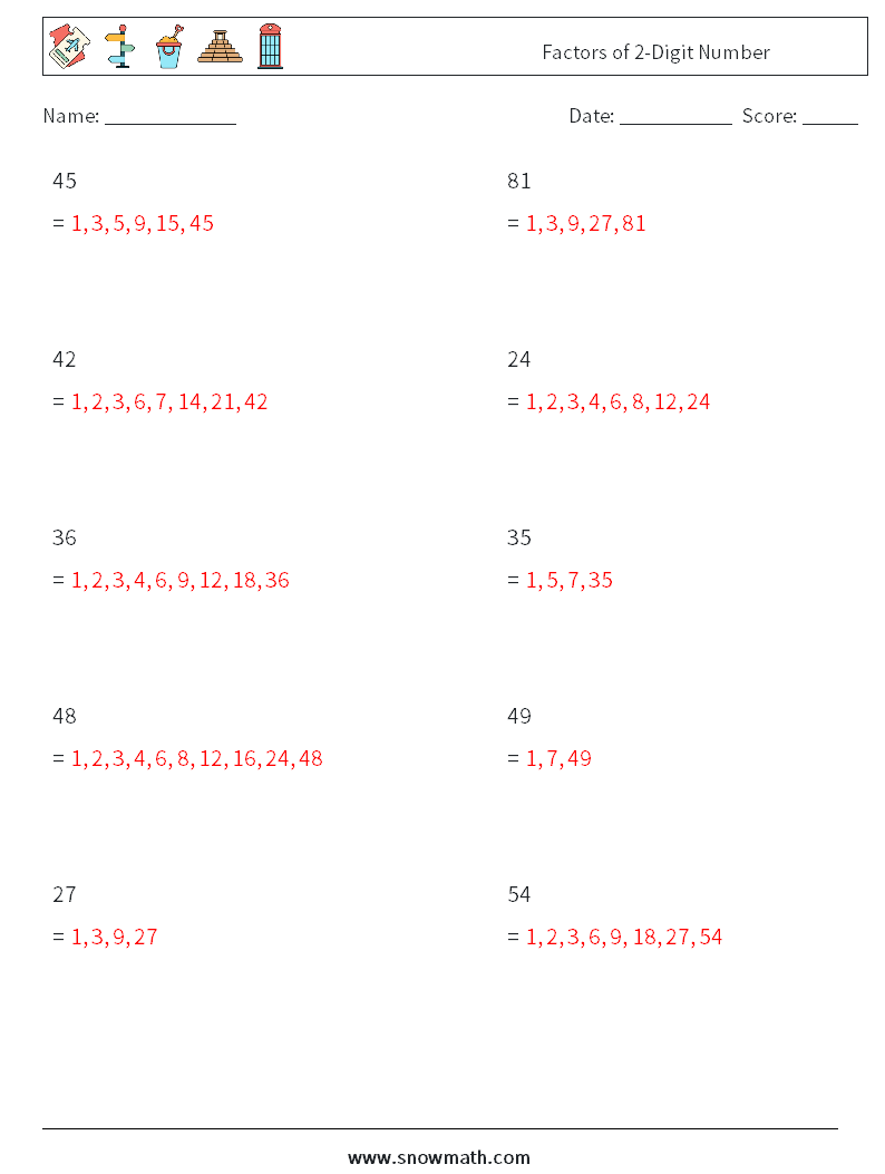 Factors of 2-Digit Number Maths Worksheets 7 Question, Answer