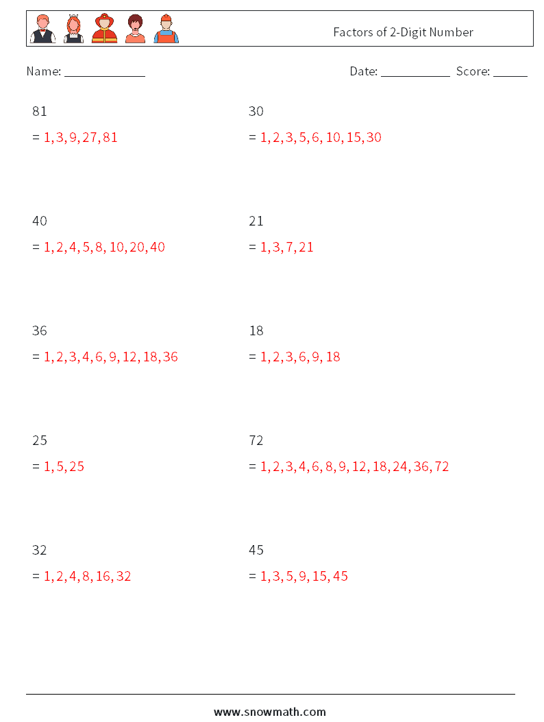 Factors of 2-Digit Number Maths Worksheets 9 Question, Answer