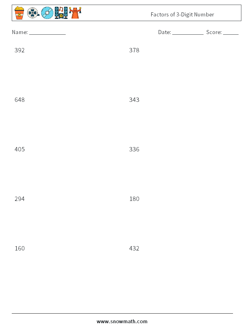 Factors of 3-Digit Number Maths Worksheets 1