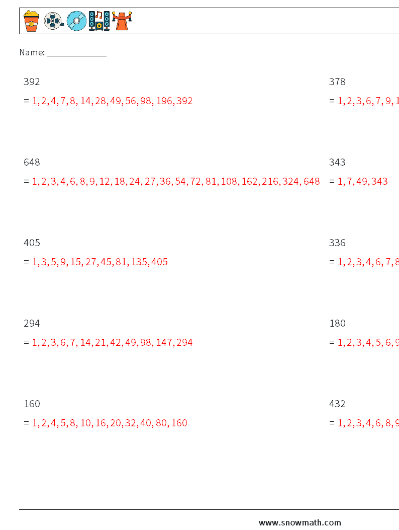 Factors of 3-Digit Number Maths Worksheets 1 Question, Answer