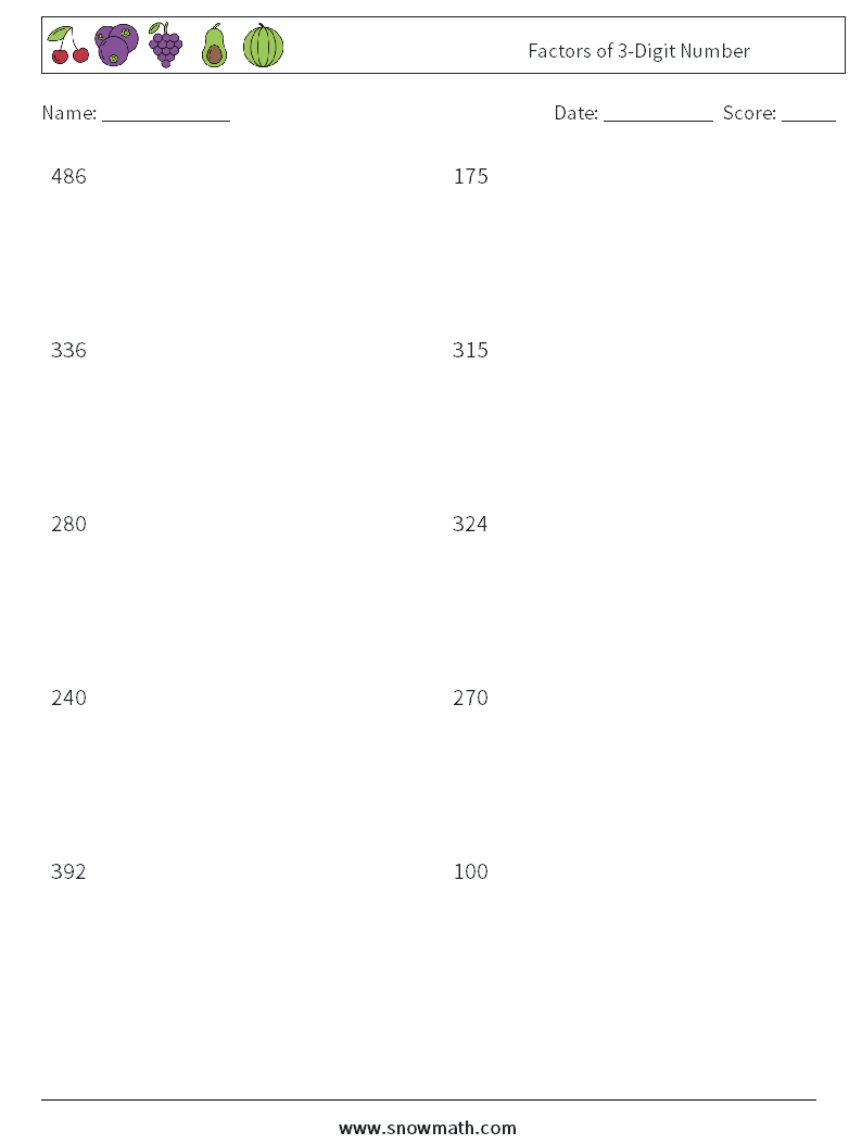 Factors of 3-Digit Number Maths Worksheets 4