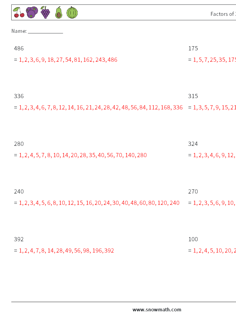 Factors of 3-Digit Number Maths Worksheets 4 Question, Answer