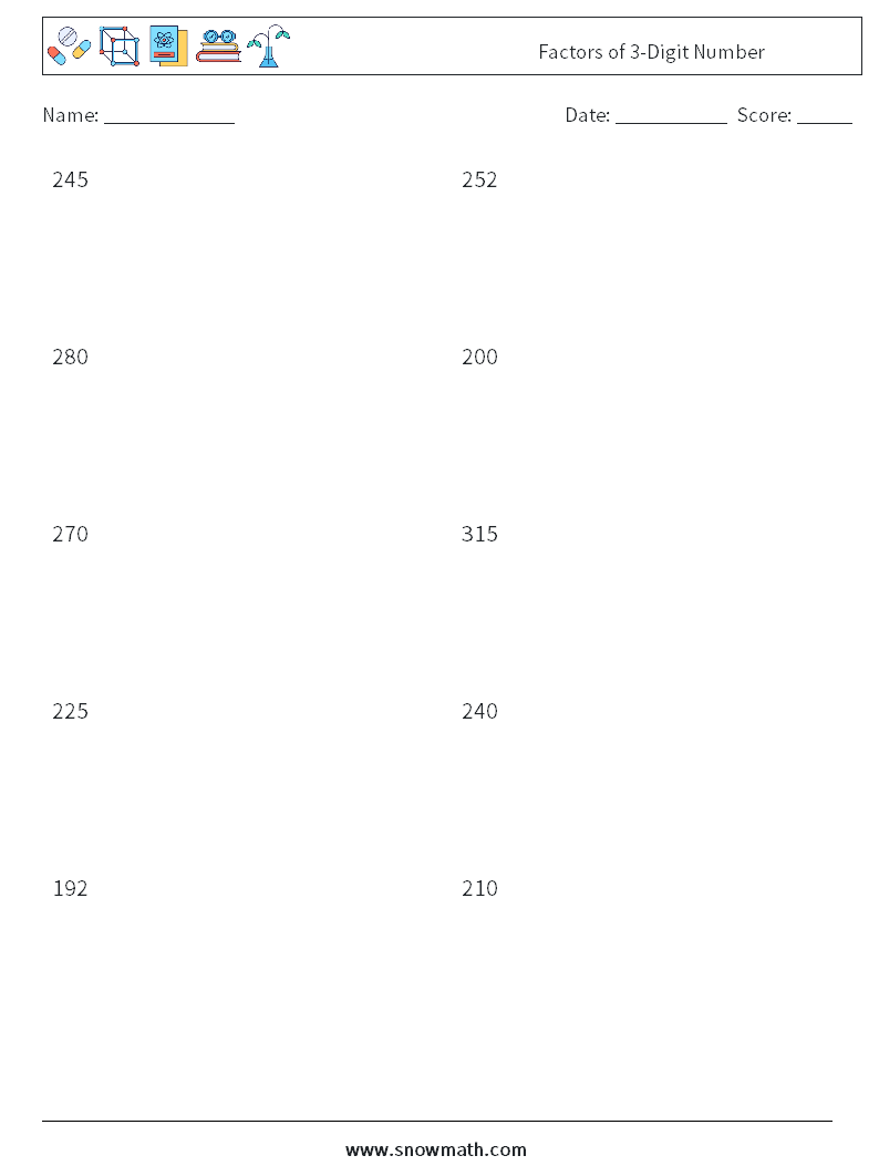 Factors of 3-Digit Number Maths Worksheets 5