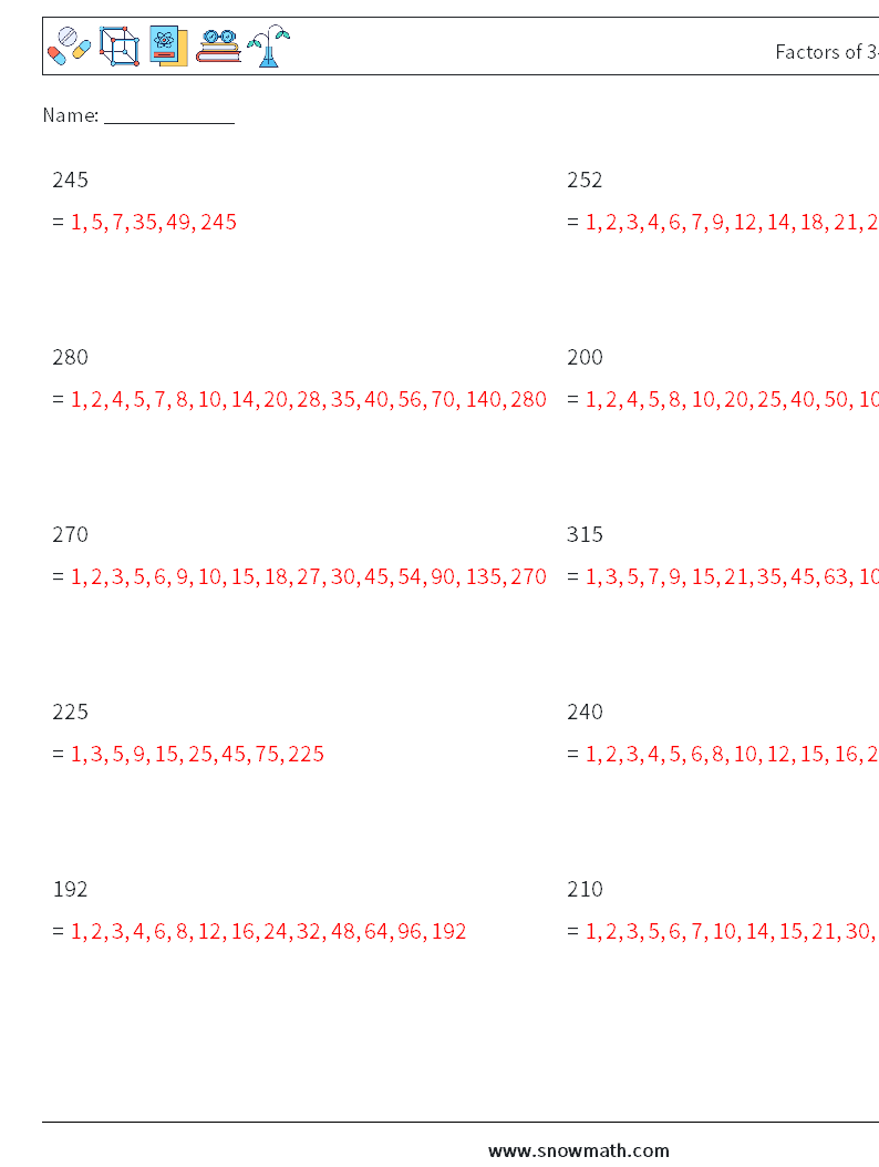 Factors of 3-Digit Number Maths Worksheets 5 Question, Answer