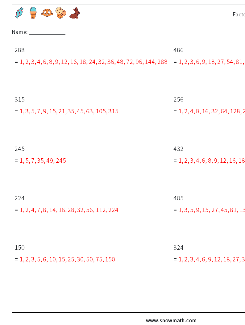 Factors of 3-Digit Number Maths Worksheets 6 Question, Answer