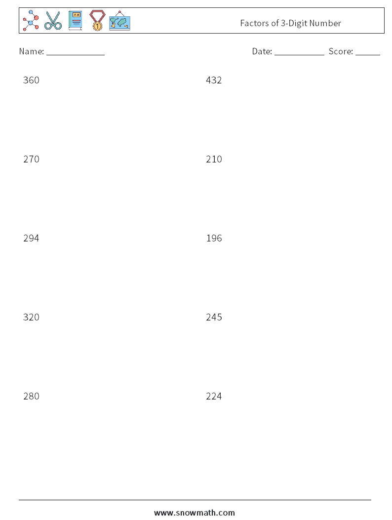 Factors of 3-Digit Number Maths Worksheets 7