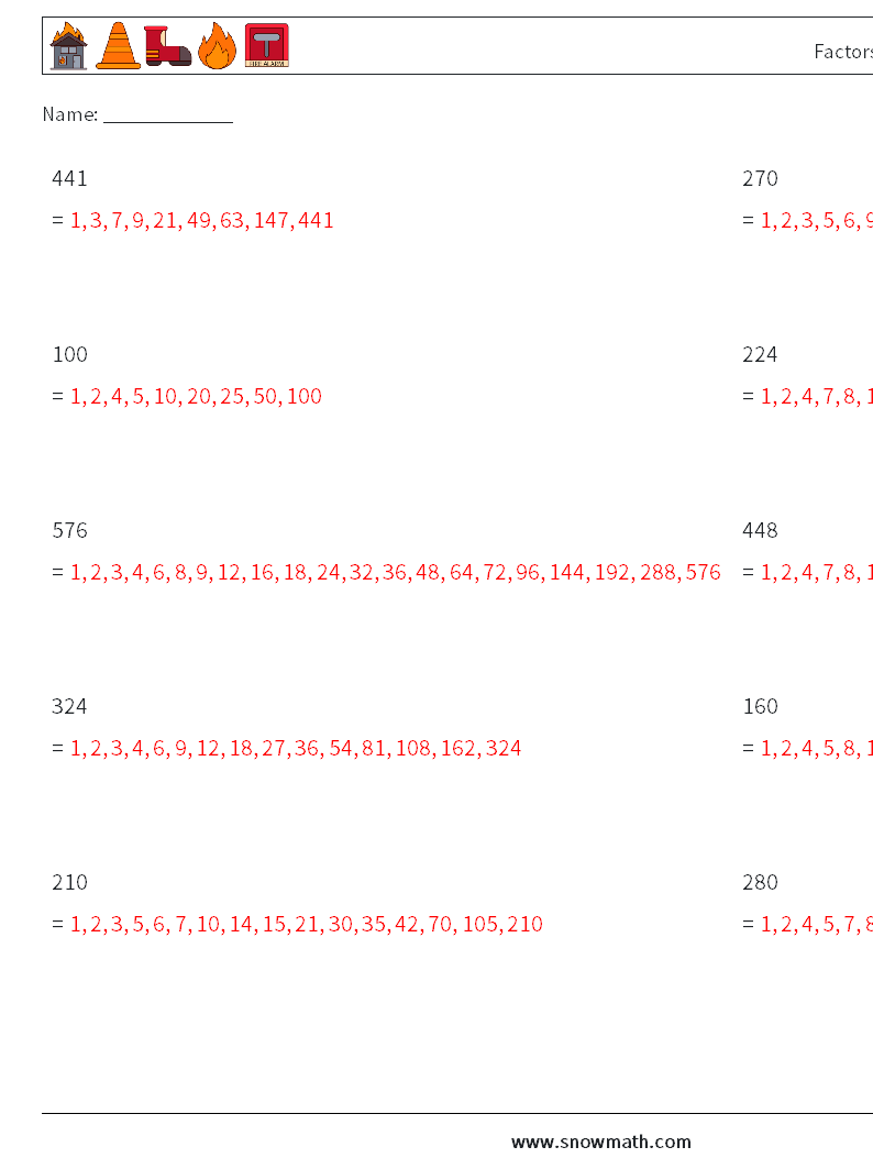 Factors of 3-Digit Number Maths Worksheets 9 Question, Answer