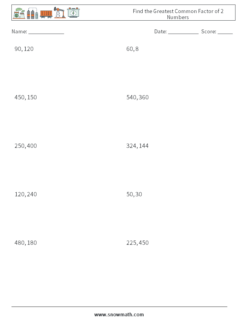 Find the Greatest Common Factor of 2 Numbers Maths Worksheets 1