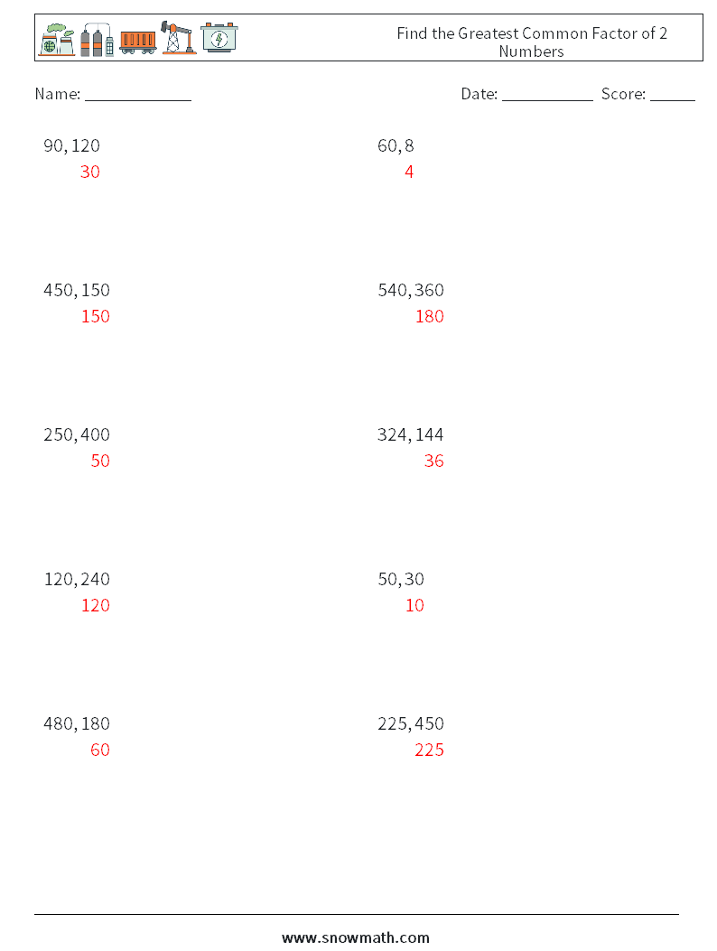 Find the Greatest Common Factor of 2 Numbers Maths Worksheets 1 Question, Answer