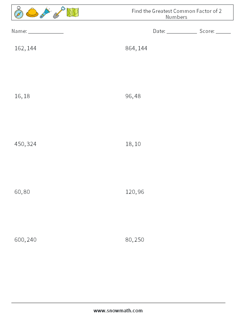 Find the Greatest Common Factor of 2 Numbers Maths Worksheets 2
