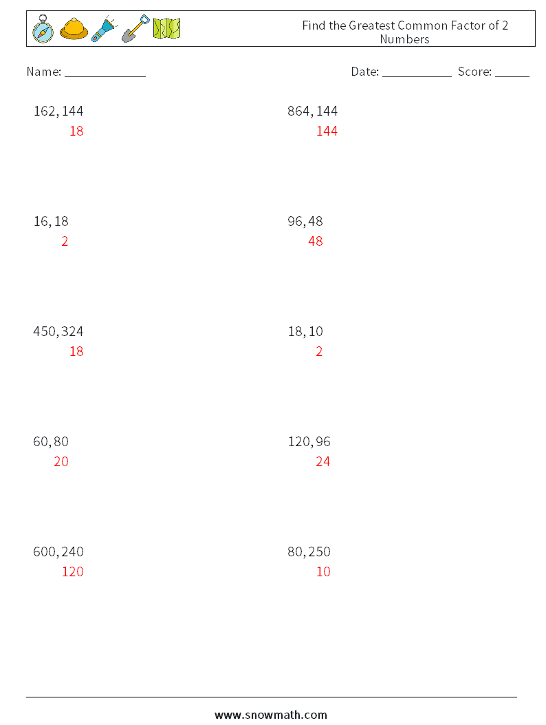 Find the Greatest Common Factor of 2 Numbers Maths Worksheets 2 Question, Answer