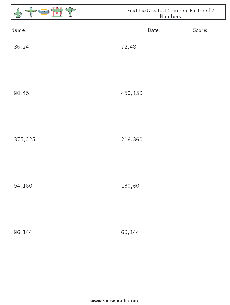 Find the Greatest Common Factor of 2 Numbers Maths Worksheets 3