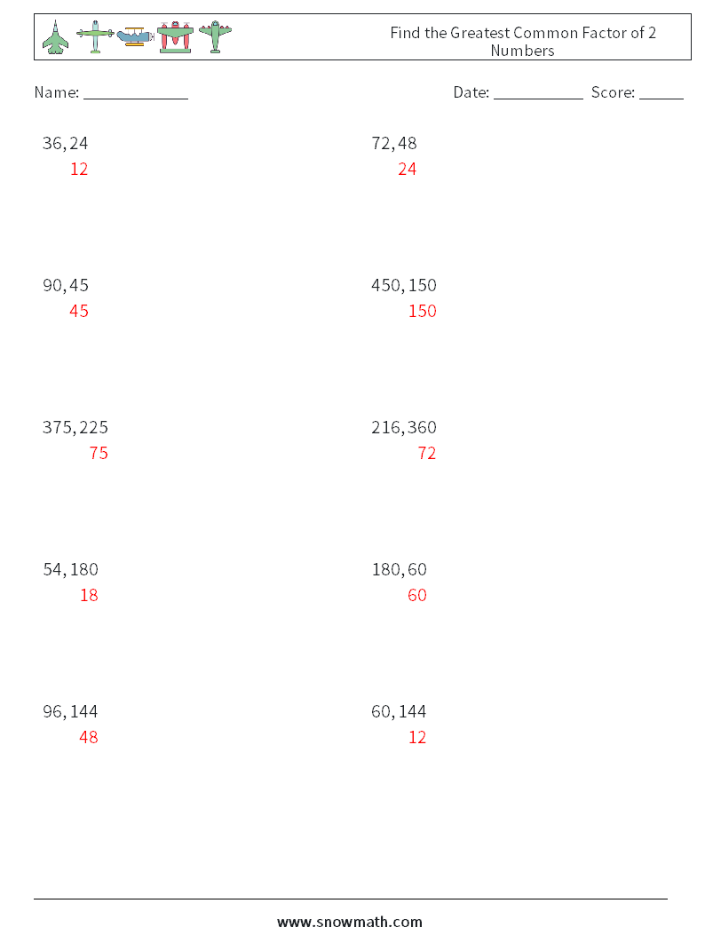 Find the Greatest Common Factor of 2 Numbers Maths Worksheets 3 Question, Answer