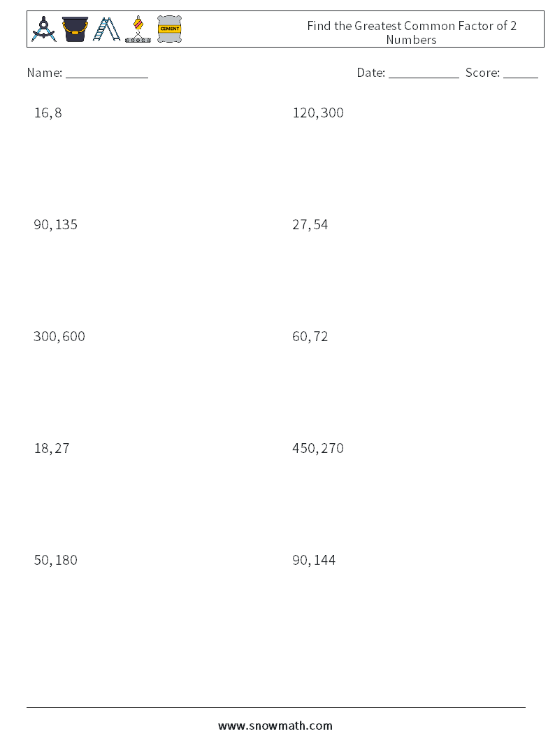 Find the Greatest Common Factor of 2 Numbers Maths Worksheets 4