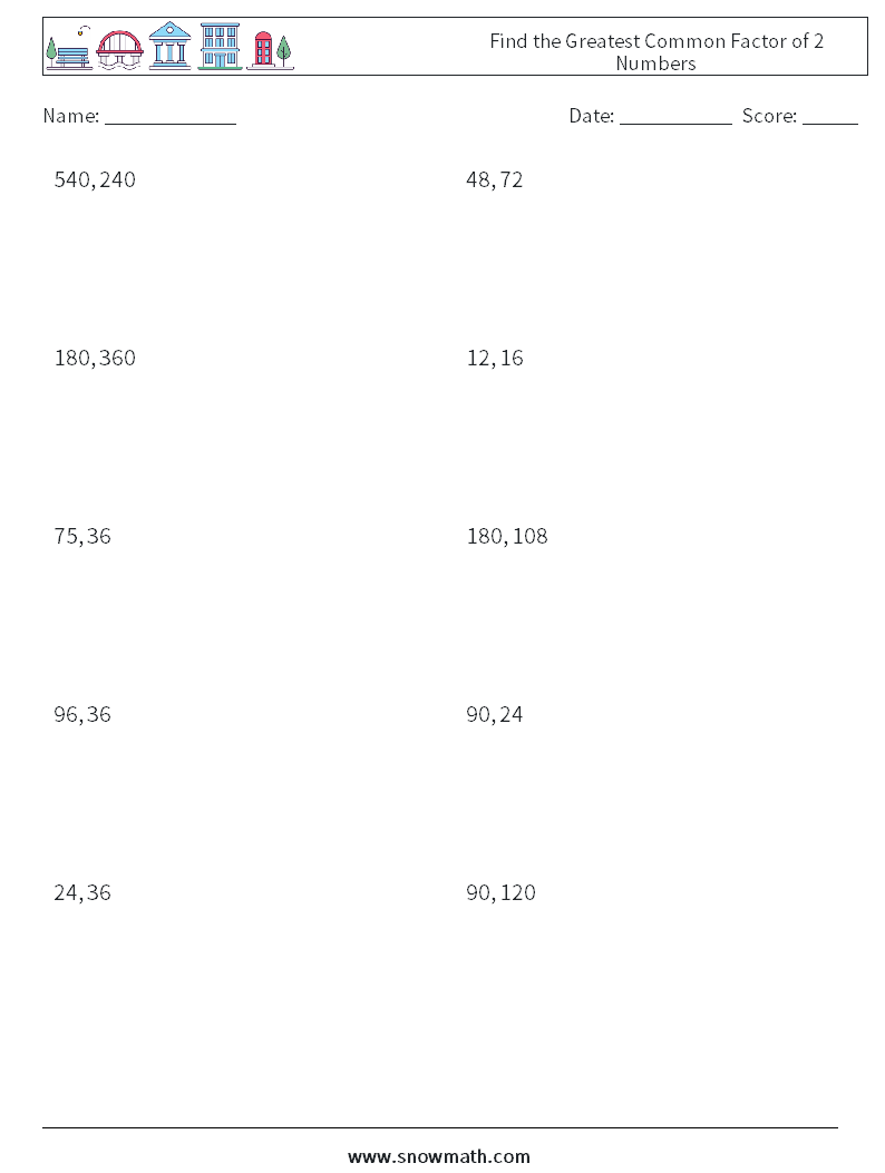 Find the Greatest Common Factor of 2 Numbers Maths Worksheets 5