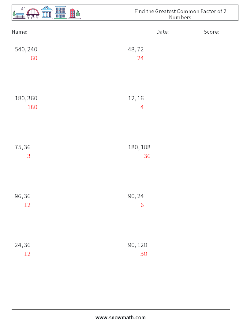 Find the Greatest Common Factor of 2 Numbers Maths Worksheets 5 Question, Answer