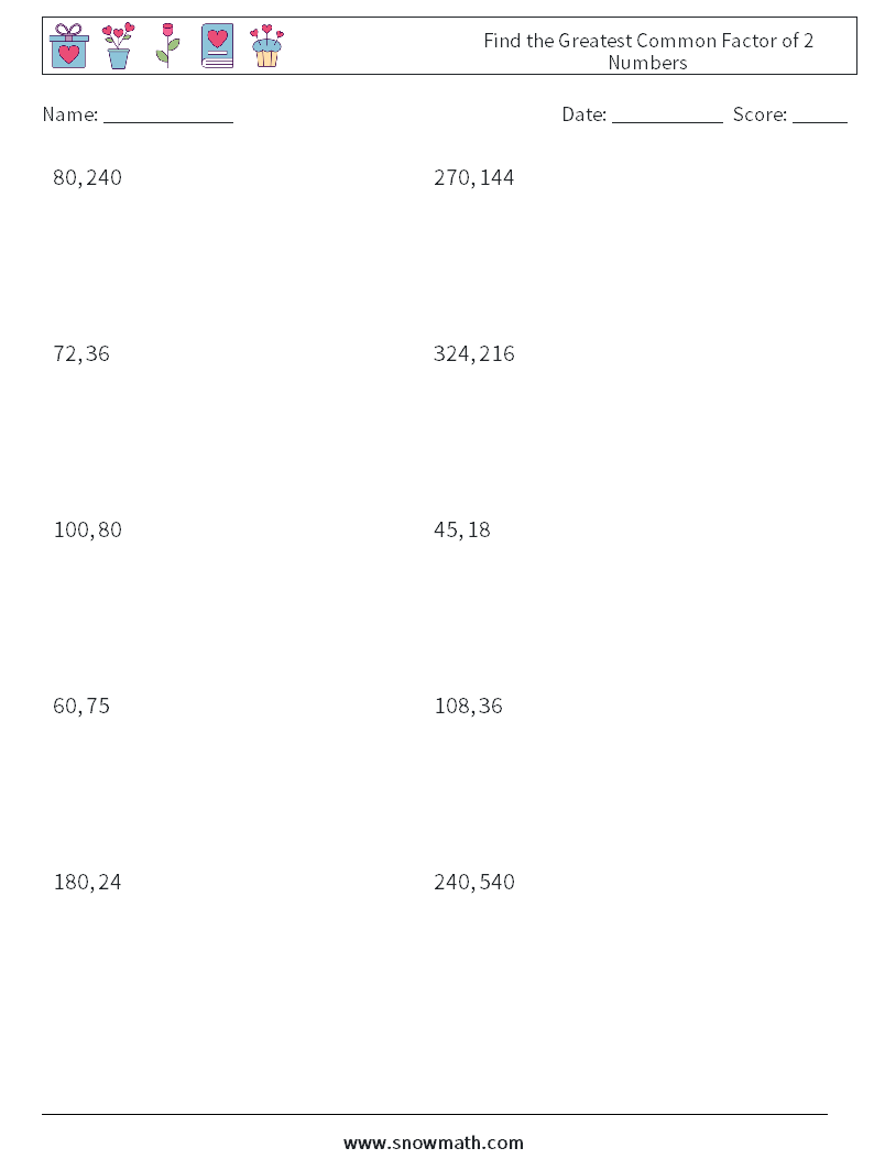 Find the Greatest Common Factor of 2 Numbers Maths Worksheets 6