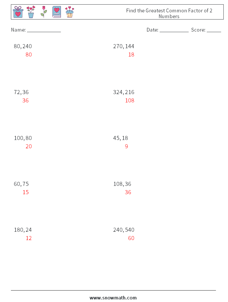 Find the Greatest Common Factor of 2 Numbers Maths Worksheets 6 Question, Answer