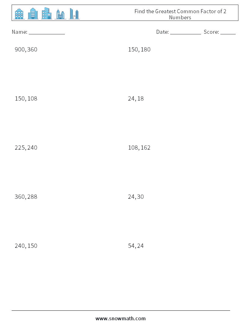 Find the Greatest Common Factor of 2 Numbers Maths Worksheets 7