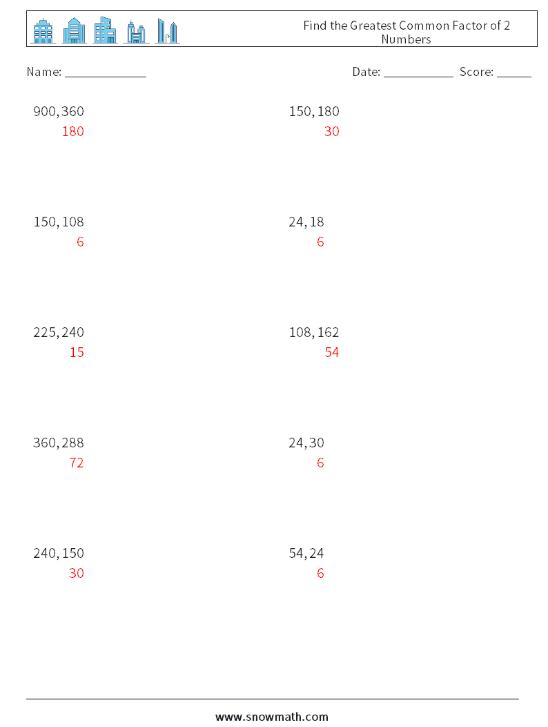 Find the Greatest Common Factor of 2 Numbers Maths Worksheets 7 Question, Answer