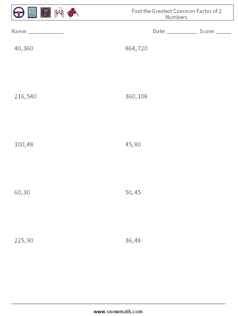 Find the Greatest Common Factor of 2 Numbers Maths Worksheets 8