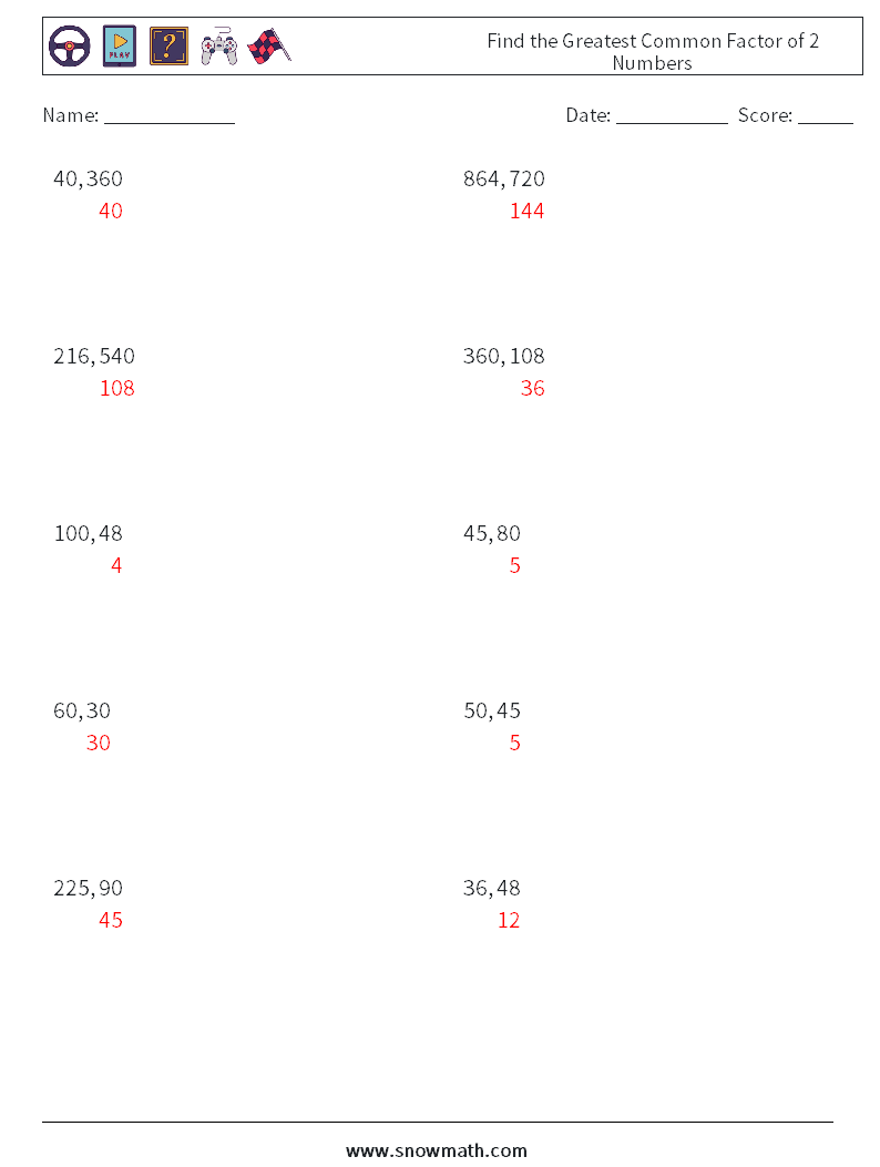 Find the Greatest Common Factor of 2 Numbers Maths Worksheets 8 Question, Answer