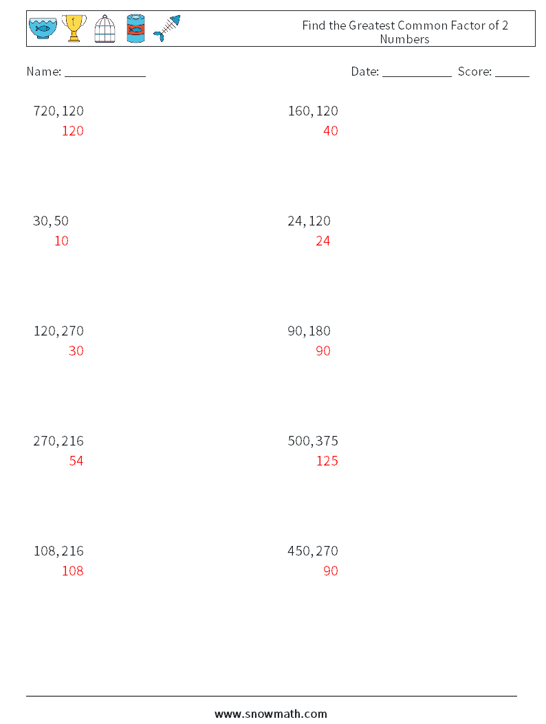 Find the Greatest Common Factor of 2 Numbers Maths Worksheets 9 Question, Answer