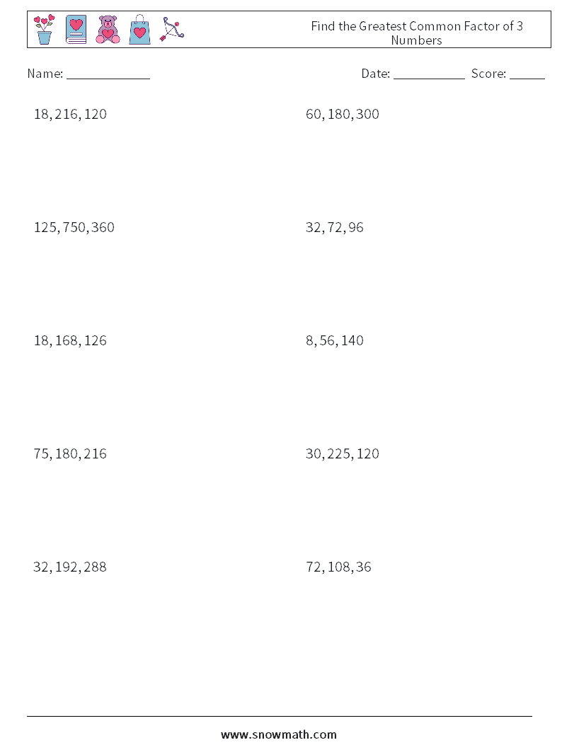 Find the Greatest Common Factor of 3 Numbers Maths Worksheets 1