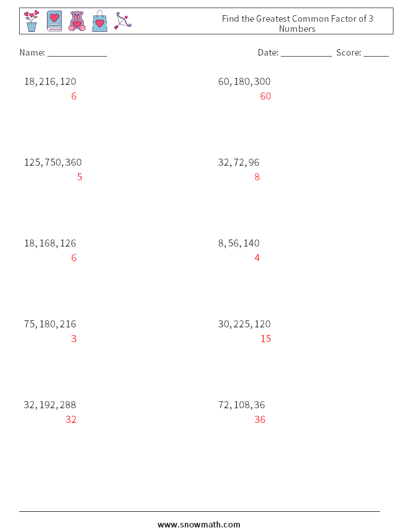 Find the Greatest Common Factor of 3 Numbers Maths Worksheets 1 Question, Answer