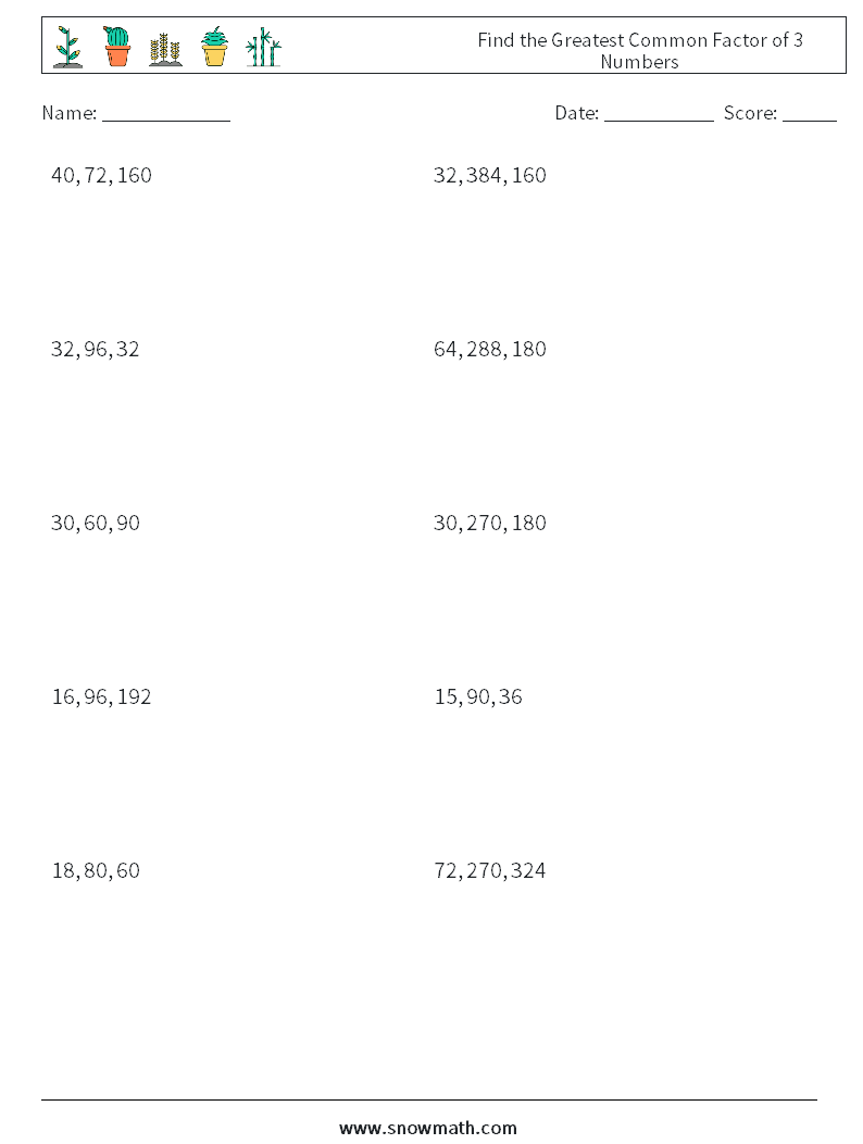 Find the Greatest Common Factor of 3 Numbers Maths Worksheets 2