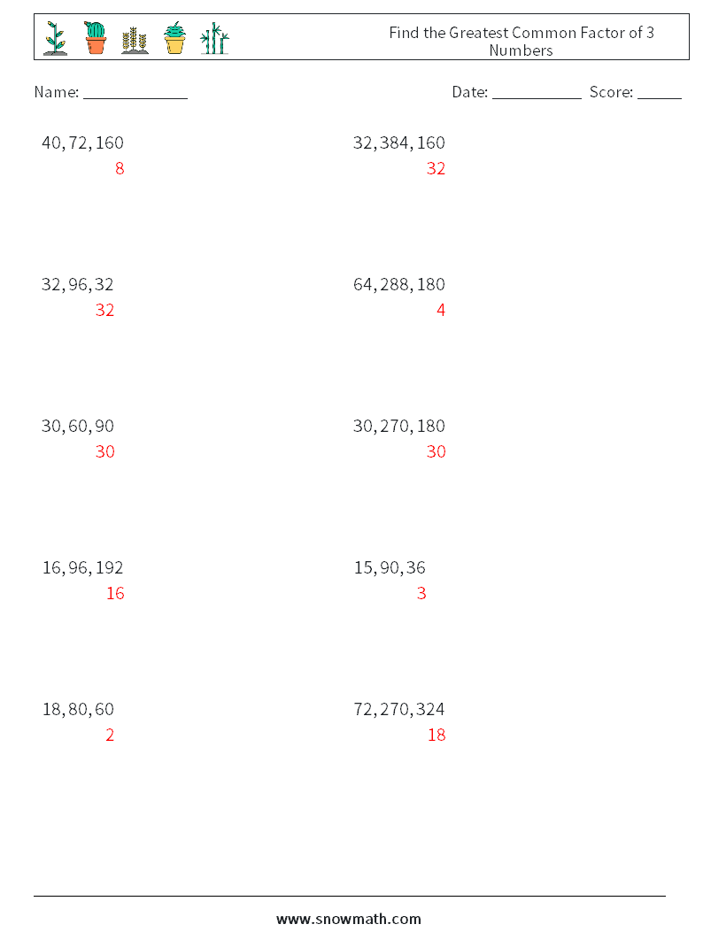 Find the Greatest Common Factor of 3 Numbers Maths Worksheets 2 Question, Answer