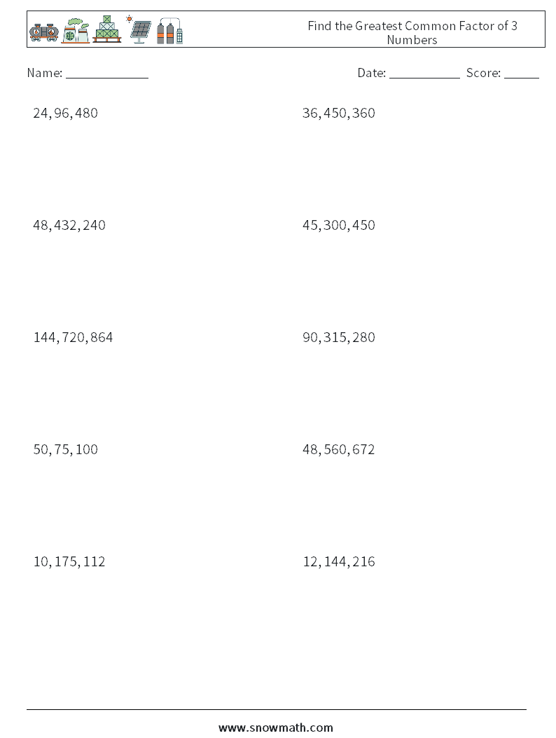 Find the Greatest Common Factor of 3 Numbers Maths Worksheets 3