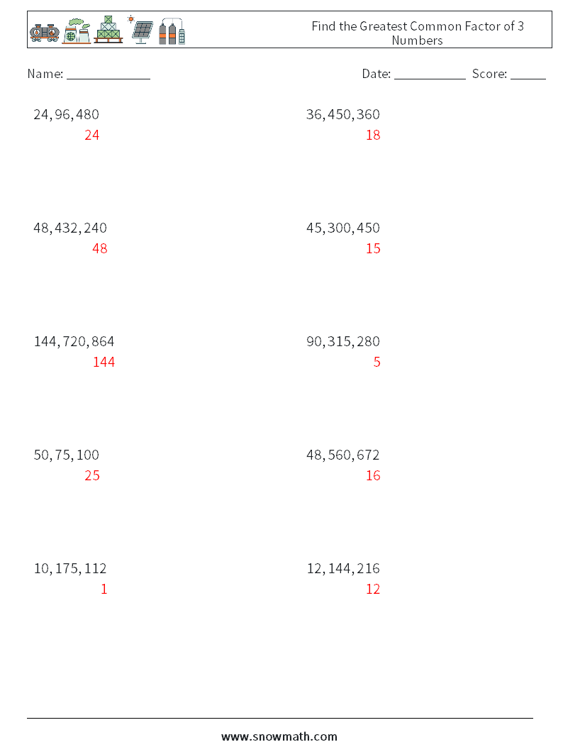 Find the Greatest Common Factor of 3 Numbers Maths Worksheets 3 Question, Answer