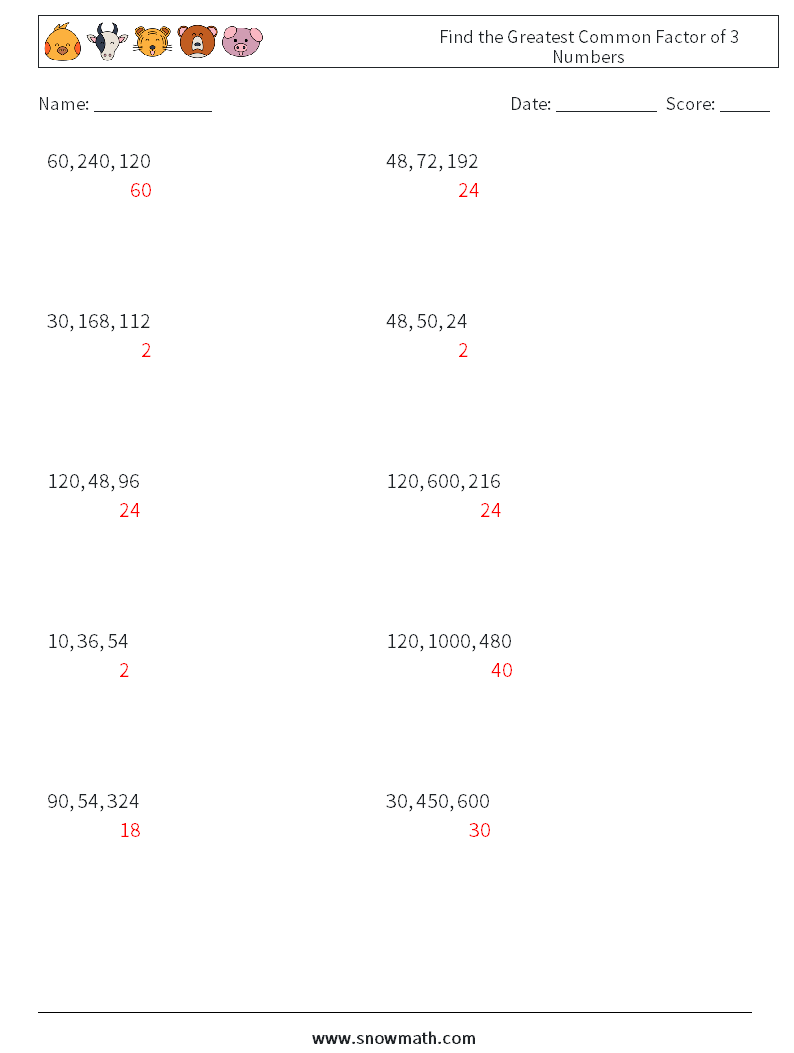 Find the Greatest Common Factor of 3 Numbers Maths Worksheets 4 Question, Answer