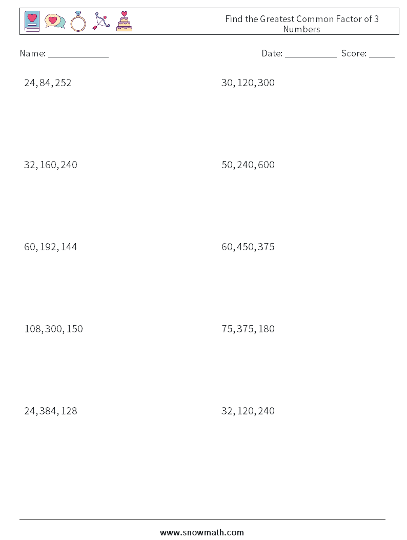 Find the Greatest Common Factor of 3 Numbers Maths Worksheets 5