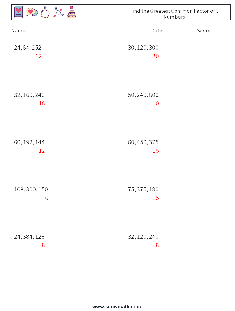Find the Greatest Common Factor of 3 Numbers Maths Worksheets 5 Question, Answer